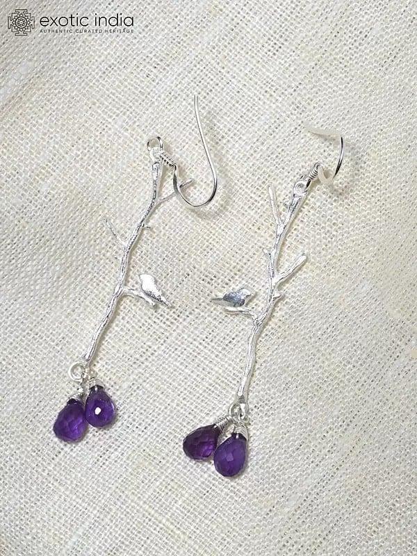 Exotic India Birds On Tree Branch Earrings With Faceted Amethyst