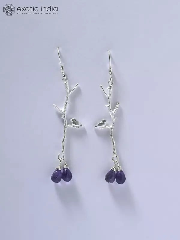 exotic india Birds on Tree Branch Earrings with Faceted Amethyst 