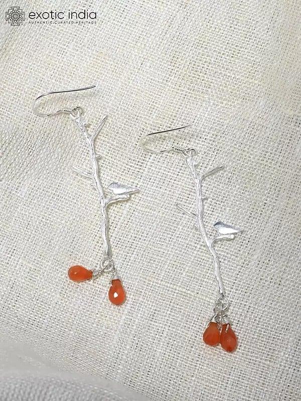 Exotic India Birds On Tree Branch Earrings With Faceted Carnelian 