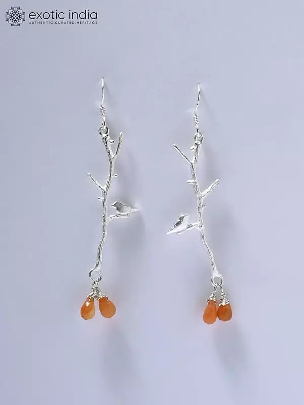 exotic india Birds on Tree Branch Earrings with Faceted Carnelian 
