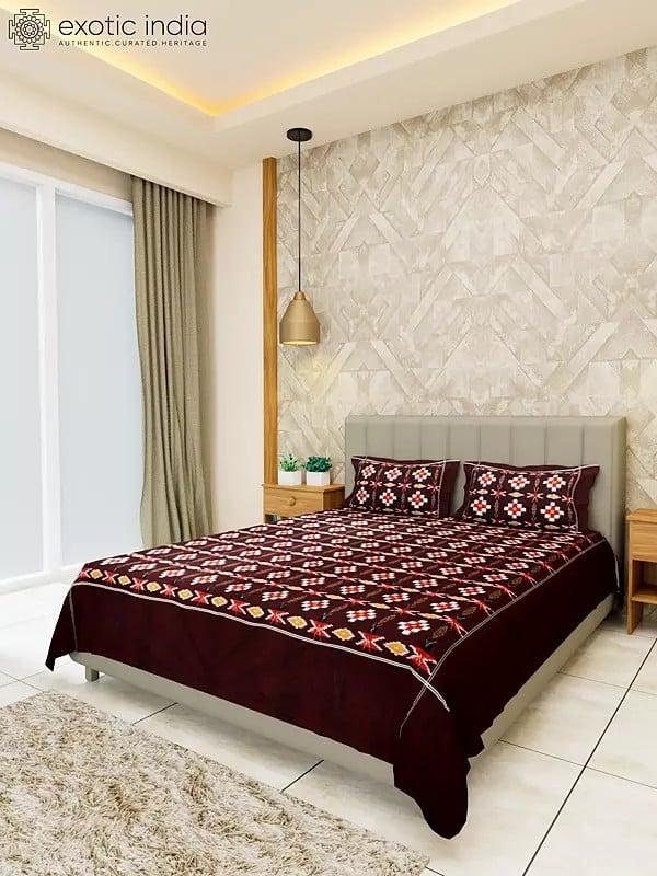 Exotic India Bitter-Chocolate Cotton Ikat Woven Bedspread With Two Pillow Cover 
