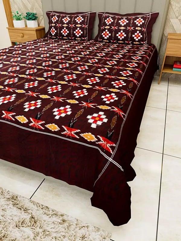 Exotic India Bitter-Chocolate Cotton Ikat Woven Bedspread With Two Pillow Cover 