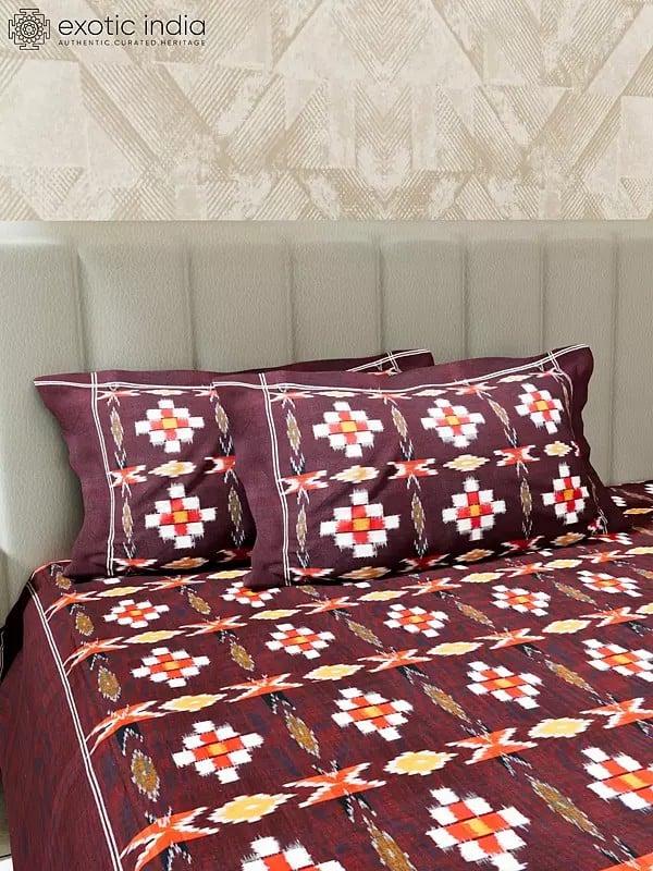 Exotic India Bitter-Chocolate Cotton Ikat Woven Bedspread With Two Pillow Cover 