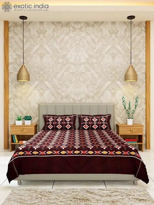 exotic india Bitter-Chocolate Cotton Ikat Woven Bedspread with Two Pillow Cover 