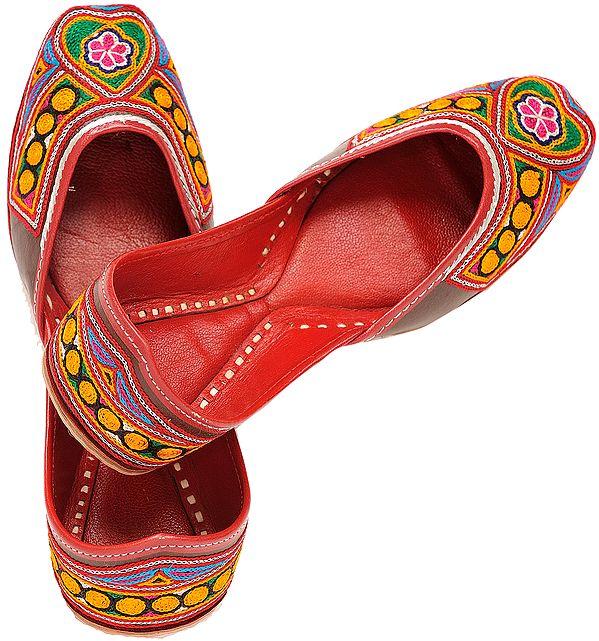 exotic india Bitter-Chocolate Jootis with Aari-Embroidery in Multi-Color Thread 