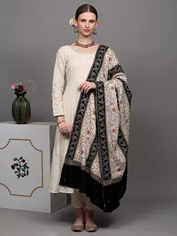 Exotic India Black And Cream Pure Pashmina Shawl With Striped Pattern And All-Over Floral Jaal Embroidery 