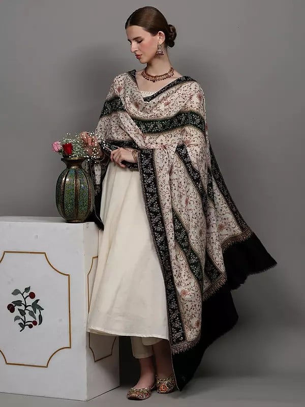 Exotic India Black And Cream Pure Pashmina Shawl With Striped Pattern And All-Over Floral Jaal Embroidery 