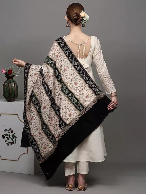 Exotic India Black And Cream Pure Pashmina Shawl With Striped Pattern And All-Over Floral Jaal Embroidery 