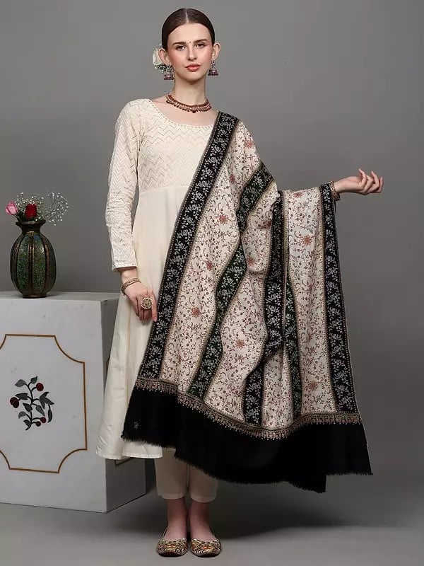 exotic india Black and Cream Pure Pashmina Shawl with Striped Pattern and All-Over Floral Jaal Embroidery 