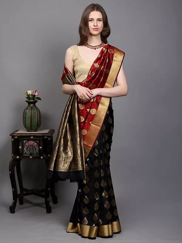 Exotic India Black And Red Intricate Golden Thread Work Pure Silk Saree With Woven Vine Scroll Pattern From Bangalore 