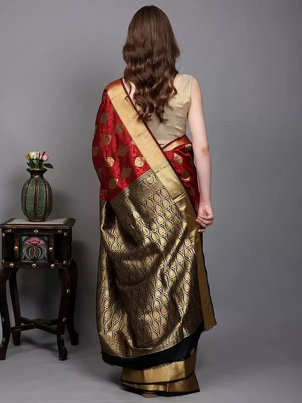 Exotic India Black And Red Intricate Golden Thread Work Pure Silk Saree With Woven Vine Scroll Pattern From Bangalore 