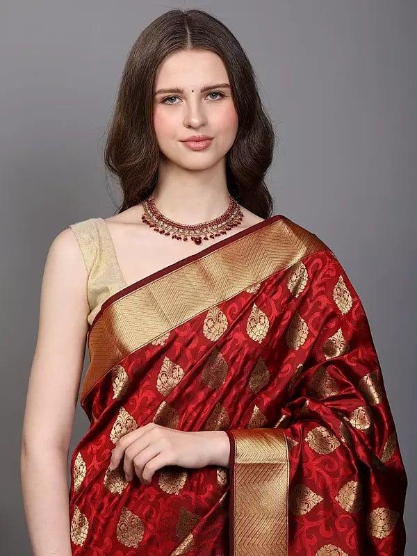Exotic India Black And Red Intricate Golden Thread Work Pure Silk Saree With Woven Vine Scroll Pattern From Bangalore 
