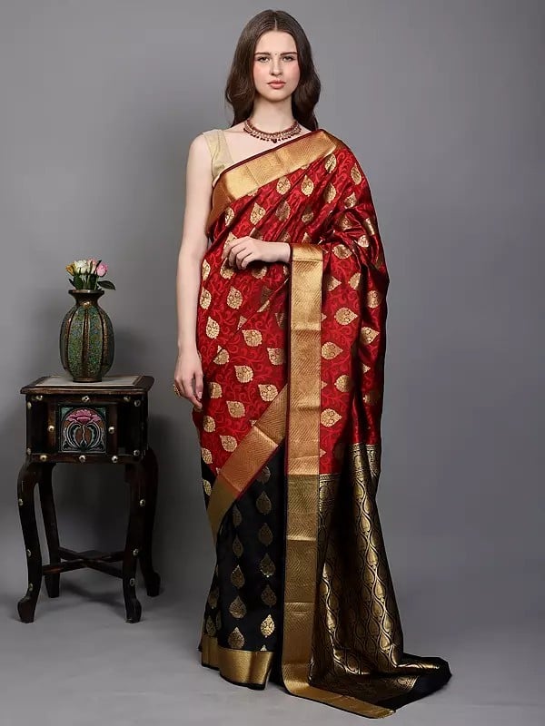 exotic india Black and Red Intricate Golden Thread work Pure Silk Saree with Woven Vine Scroll Pattern from Bangalore 