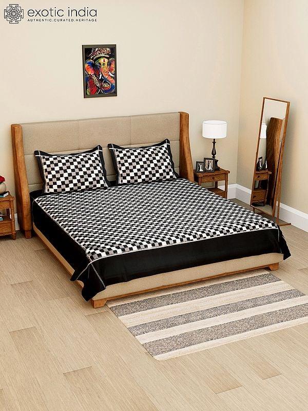Exotic India Black And White Ikat Checks Pure Cotton Queen Size Bedspread From Puchampally With Pillow Cases