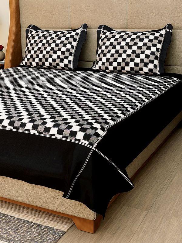 Exotic India Black And White Ikat Checks Pure Cotton Queen Size Bedspread From Puchampally With Pillow Cases