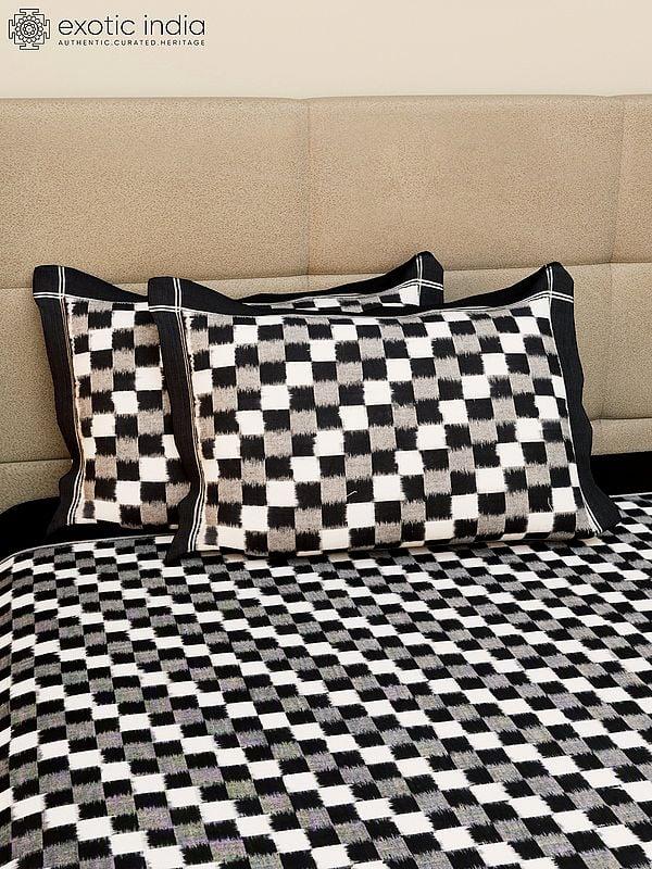 Exotic India Black And White Ikat Checks Pure Cotton Queen Size Bedspread From Puchampally With Pillow Cases