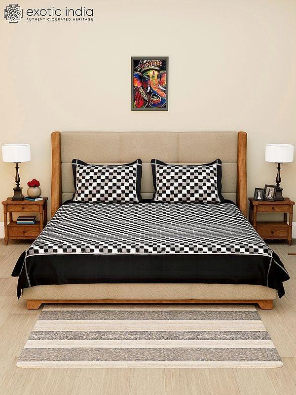 exotic india Black and White Ikat Checks Pure Cotton Queen Size Bedspread from Puchampally with Pillow Cases 