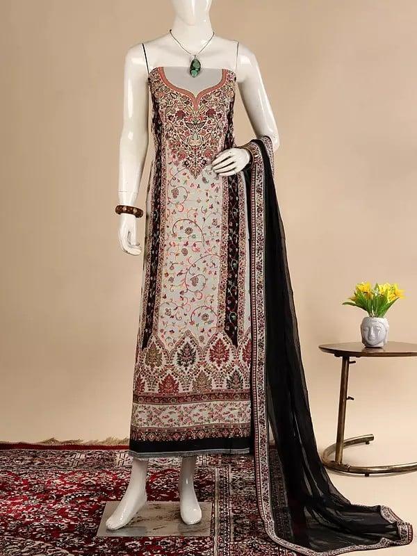 Exotic India Black And White Kani Jamawar Salwar Suit Fabric From Punjab With Dupatta And Flowers-Woven In Multicolor Thread 