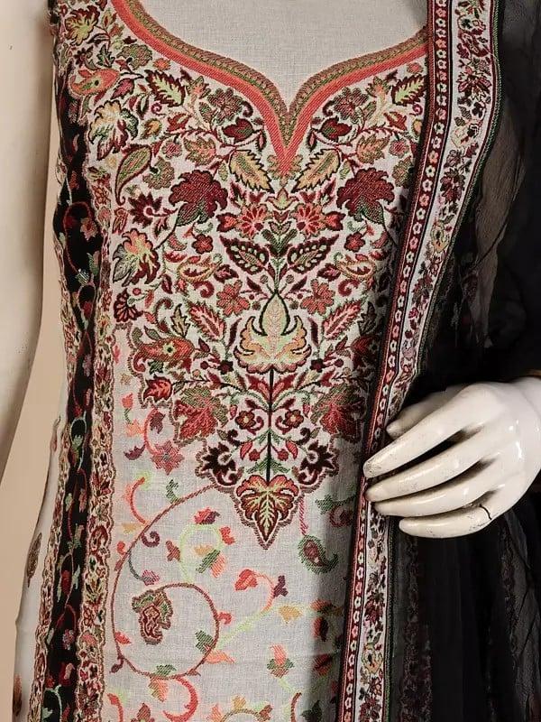 Exotic India Black And White Kani Jamawar Salwar Suit Fabric From Punjab With Dupatta And Flowers-Woven In Multicolor Thread 