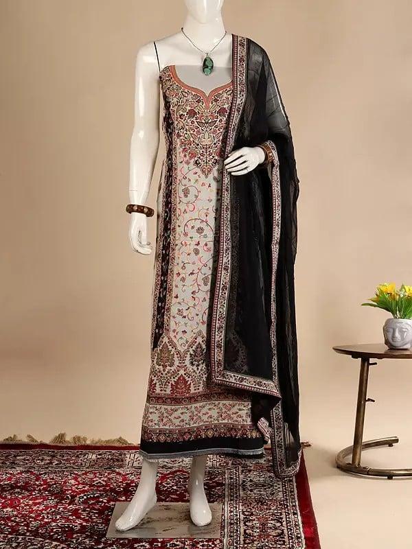 exotic india Black and White Kani Jamawar Salwar Suit Fabric from Punjab with Dupatta and Flowers-Woven in Multicolor Thread 