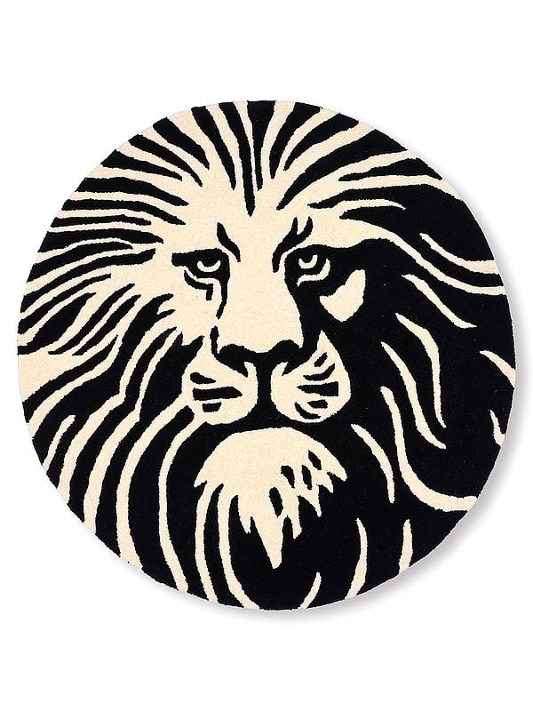 exotic india Black and White Lion Face Round Yogic Asana Mat from Mirzapur 