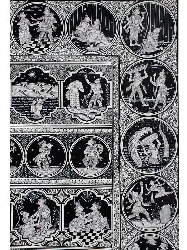 Exotic India Black And White Radha Krishna With Episodes Of Krishna Lila | Pattachitra Painting 