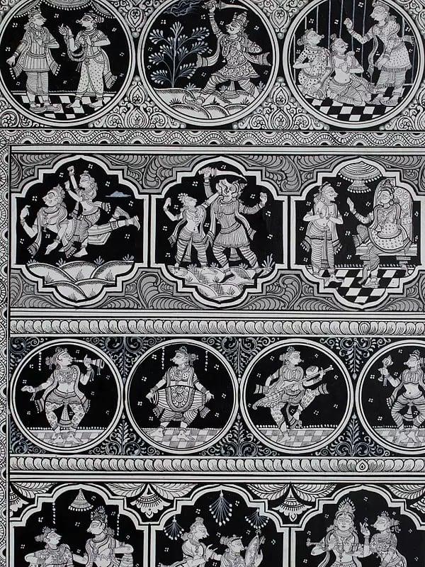 Exotic India Black And White Radha Krishna With Episodes Of Krishna Lila | Pattachitra Painting 