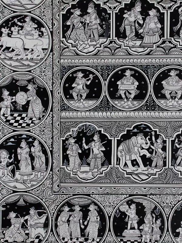 Exotic India Black And White Radha Krishna With Episodes Of Krishna Lila | Pattachitra Painting 