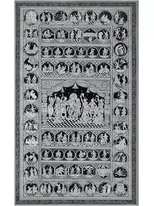 exotic india Black and White Radha Krishna with Episodes of Krishna Lila | Pattachitra Painting 