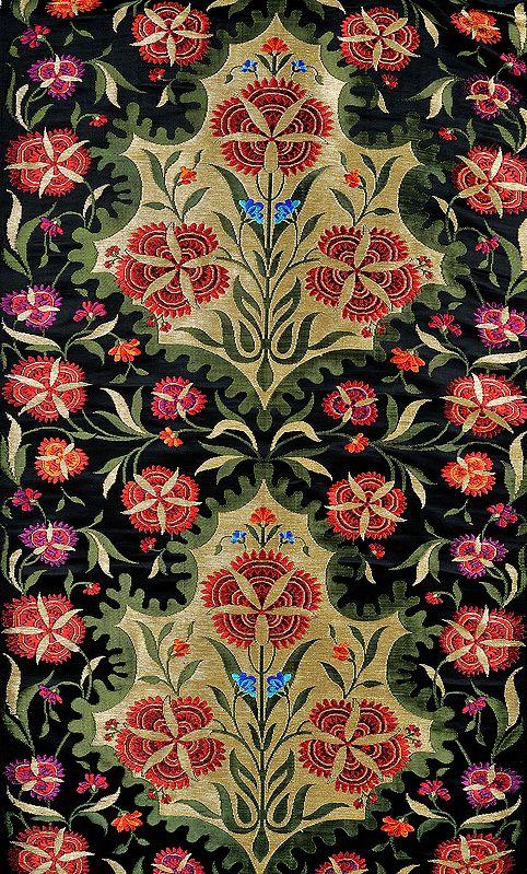 exotic india Black Banarasi Brocade Fabric with Hand-woven Flowers and Zari Weave 