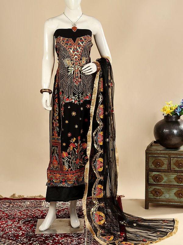 Exotic India Black-Beauty Georgette Salwar Suit Fabric With Net Dupatta And Zari & Sequined Floral Embroidery 