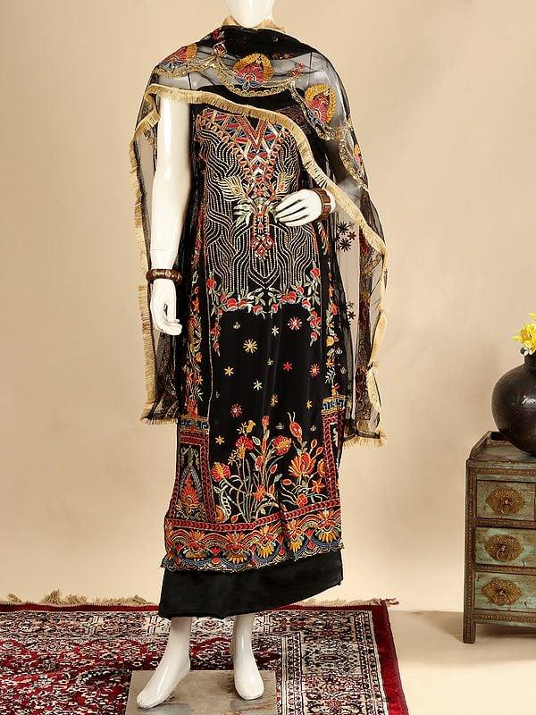 Exotic India Black-Beauty Georgette Salwar Suit Fabric With Net Dupatta And Zari & Sequined Floral Embroidery 