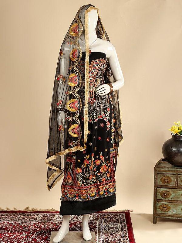 Exotic India Black-Beauty Georgette Salwar Suit Fabric With Net Dupatta And Zari & Sequined Floral Embroidery 