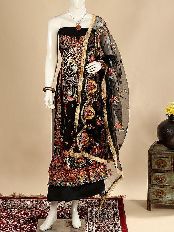 exotic india Black-Beauty Georgette Salwar Suit Fabric with Net Dupatta and Zari & Sequined Floral Embroidery 