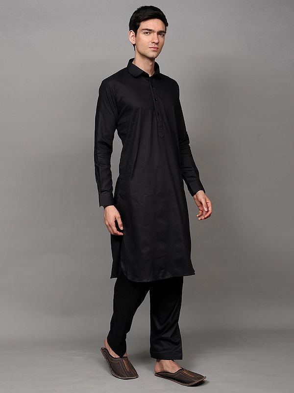 Exotic India Black-Beauty Pathani Kurta With Matching Pajama And Stripe Weave 