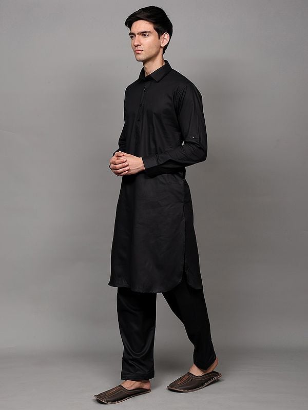 Exotic India Black-Beauty Pathani Kurta With Matching Pajama And Stripe Weave 