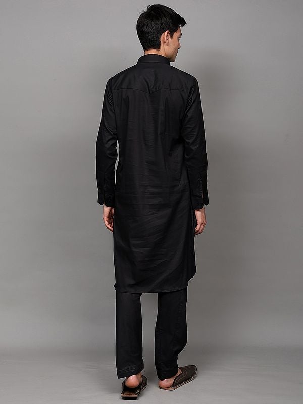 Exotic India Black-Beauty Pathani Kurta With Matching Pajama And Stripe Weave 