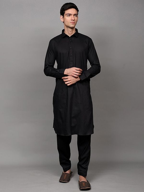 exotic india Black-Beauty Pathani Kurta with Matching Pajama and Stripe Weave 