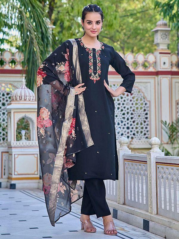 Exotic India Black Chanderi Embroidery And Sequins Work Attractive Kurta Set With Floral Print Dupatta 