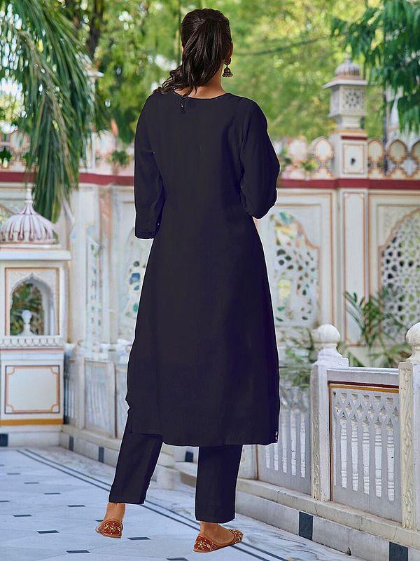Exotic India Black Chanderi Embroidery And Sequins Work Attractive Kurta Set With Floral Print Dupatta 