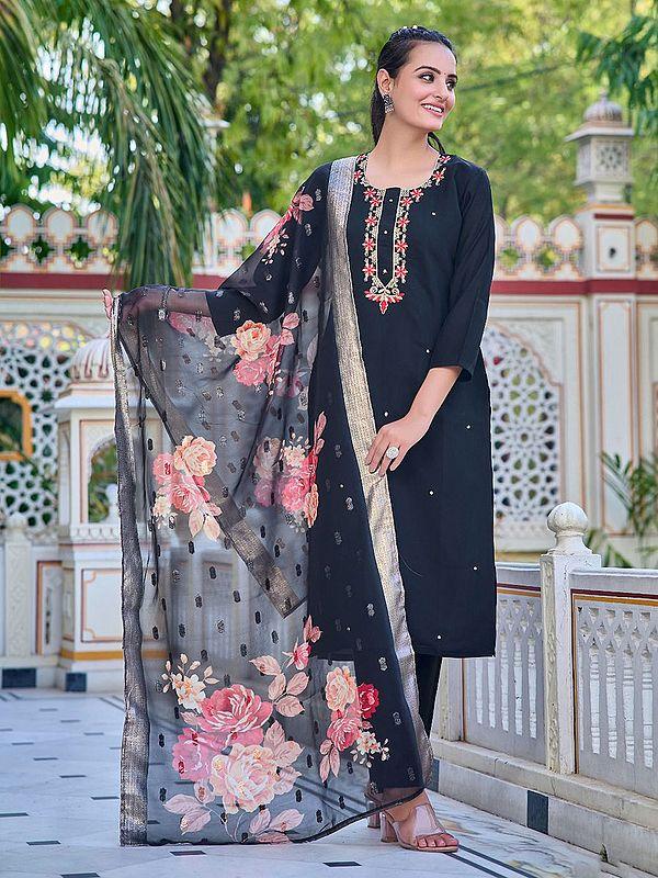 exotic india Black Chanderi Embroidery And Sequins Work Attractive Kurta Set With Floral Print Dupatta