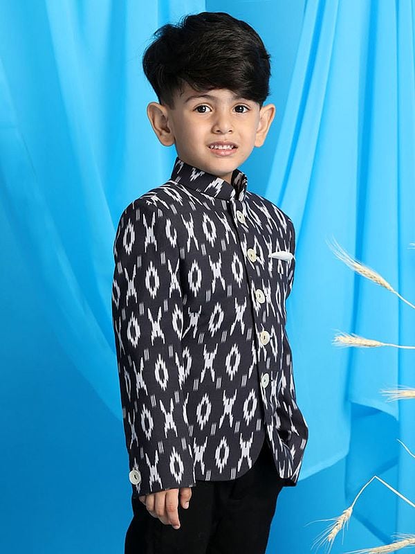 Exotic India Black Cotton Blend Ikkat Pattern Jodhpuri Coat 