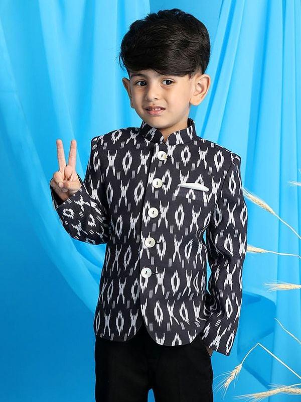 exotic india Black Cotton Blend Ikkat Pattern Jodhpuri Coat 