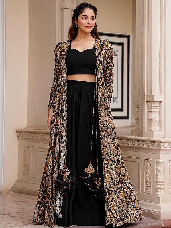 Exotic India Black Faux Georgette Crop-Top Palazzo Suit With Rayon Digital Paisley Pattern Print Long Shrug 