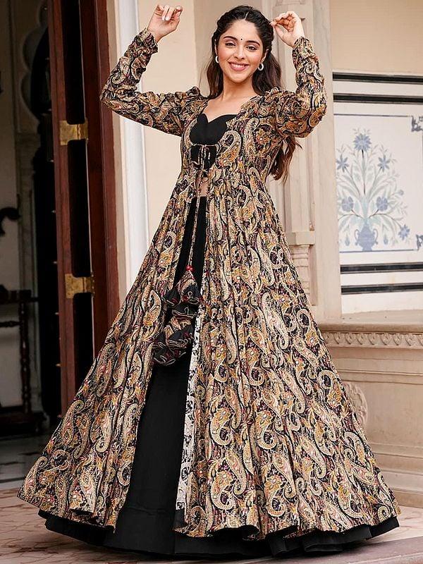 Exotic India Black Faux Georgette Crop-Top Palazzo Suit With Rayon Digital Paisley Pattern Print Long Shrug 
