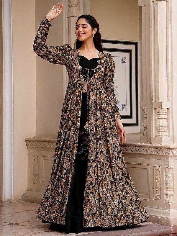 Exotic India Black Faux Georgette Crop-Top Palazzo Suit With Rayon Digital Paisley Pattern Print Long Shrug 