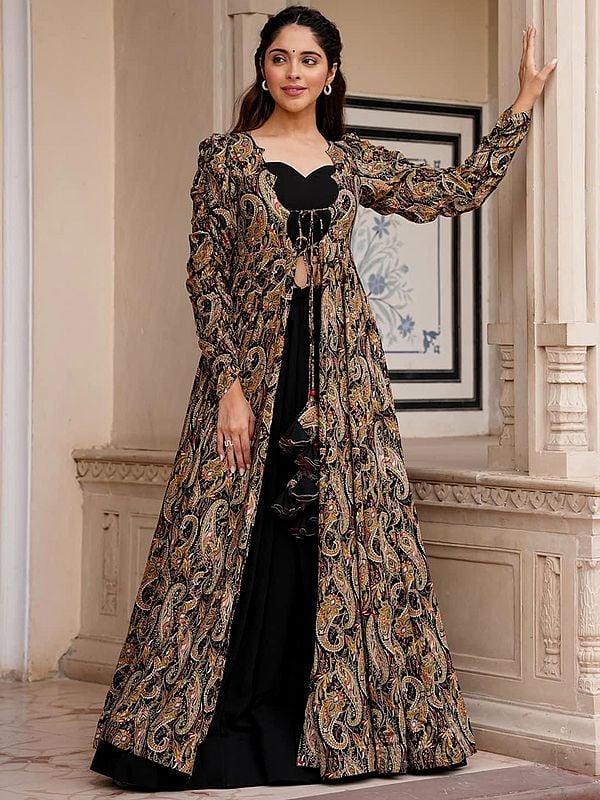 exotic india Black Faux Georgette Crop-Top Palazzo Suit with Rayon Digital Paisley Pattern Print Long Shrug 