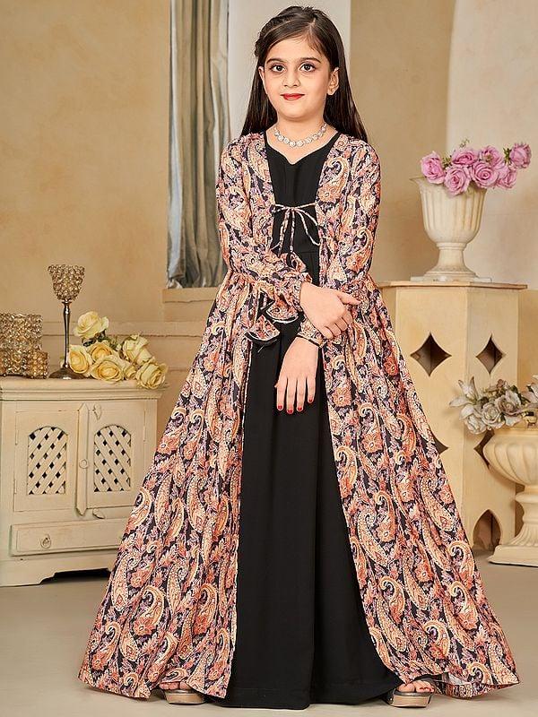 Exotic India Black Faux Georgette Digital Print Full Round Flair 2 Piece Shrug Set Indo-Western Suit For Kids 