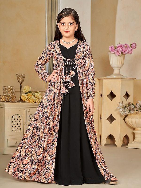 Exotic India Black Faux Georgette Digital Print Full Round Flair 2 Piece Shrug Set Indo-Western Suit For Kids 