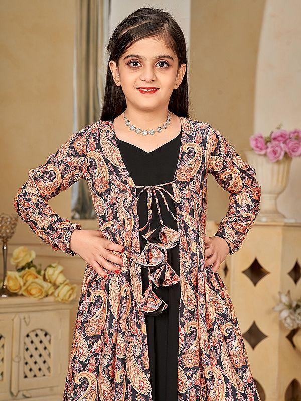 Exotic India Black Faux Georgette Digital Print Full Round Flair 2 Piece Shrug Set Indo-Western Suit For Kids 
